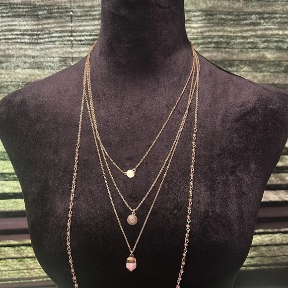 Layered Four Chain Tiny Stone & Stamped Metal Pendent Necklace - Picture 2 of 6